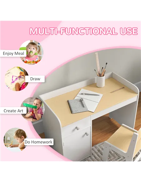 ZONEKIZ Kids Desk and Chair Set for 3-6 Years with Storage Drawer, Study Table and Chair for Children - White