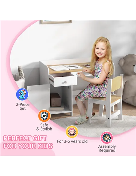 ZONEKIZ Kids Desk and Chair Set for 3-6 Years with Storage Drawer, Study Table and Chair for Children - White