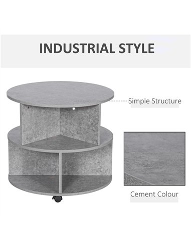HOMCOM Round Coffee Table with Wheels, 3-Tier Rolling Side Table for Living Room with Divided Shelves, Cement Colour