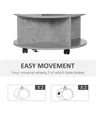 HOMCOM Round Coffee Table with Wheels, 3-Tier Rolling Side Table for Living Room with Divided Shelves, Cement Colour