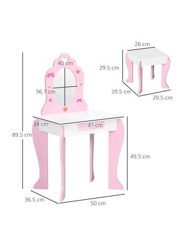 ZONEKIZ Kids Dressing table Set w/ Mirror, Stool, Drawer, Cute Patterns, for Ages 3-6 Years - Pink