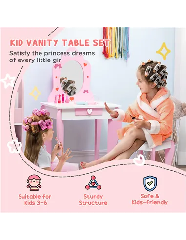 ZONEKIZ Kids Dressing table Set w/ Mirror, Stool, Drawer, Cute Patterns, for Ages 3-6 Years - Pink
