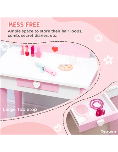 ZONEKIZ Kids Dressing table Set w/ Mirror, Stool, Drawer, Cute Patterns, for Ages 3-6 Years - Pink