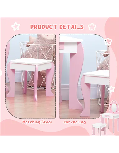 ZONEKIZ Kids Dressing table Set w/ Mirror, Stool, Drawer, Cute Patterns, for Ages 3-6 Years - Pink