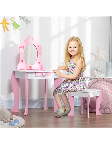ZONEKIZ Kids Dressing table Set w/ Mirror, Stool, Drawer, Cute Patterns, for Ages 3-6 Years - Pink
