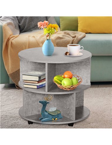 HOMCOM Round Coffee Table with Wheels, 3-Tier Rolling Side Table for Living Room with Divided Shelves, Cement Colour