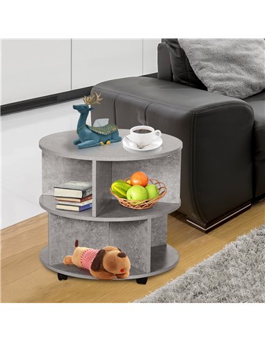HOMCOM Round Coffee Table with Wheels, 3-Tier Rolling Side Table for Living Room with Divided Shelves, Cement Colour