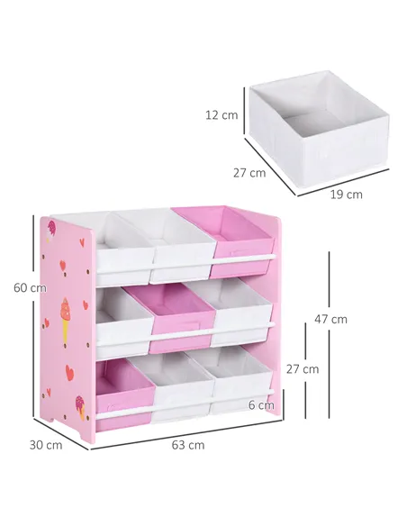 ZONEKIZ Kids Storage Rack, with Nine Removable Baskets, for Nursery, Bedroom, Playroom - Pink