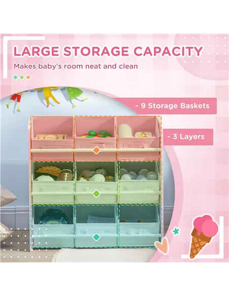 ZONEKIZ Kids Storage Rack, with Nine Removable Baskets, for Nursery, Bedroom, Playroom - Pink