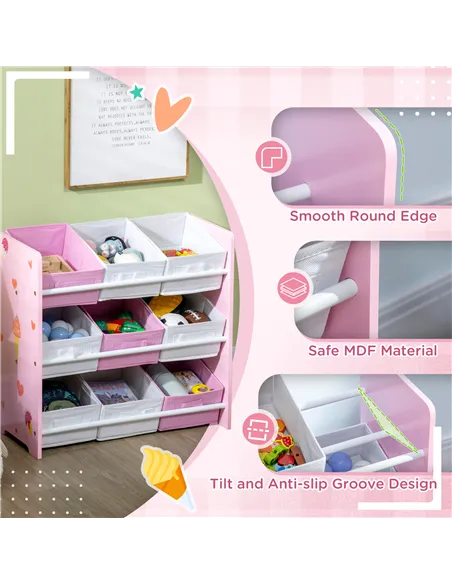 ZONEKIZ Kids Storage Rack, with Nine Removable Baskets, for Nursery, Bedroom, Playroom - Pink