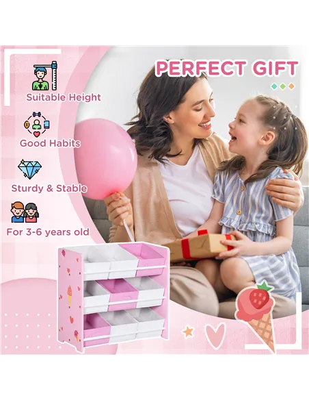 ZONEKIZ Kids Storage Rack, with Nine Removable Baskets, for Nursery, Bedroom, Playroom - Pink