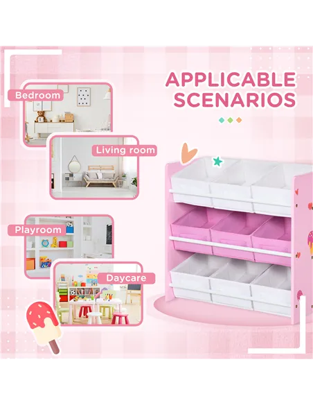 ZONEKIZ Kids Storage Rack, with Nine Removable Baskets, for Nursery, Bedroom, Playroom - Pink