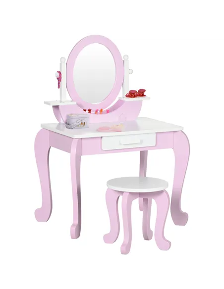 ZONEKIZ Kids Dressing Table Set, with Mirror, Stool, for Ages 3-6 Years - Pink