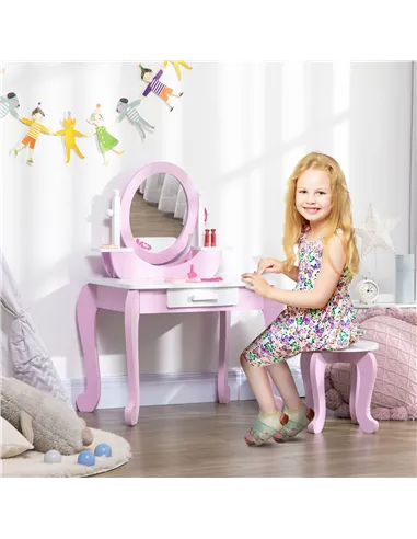 ZONEKIZ Kids Dressing Table Set, with Mirror, Stool, for Ages 3-6 Years - Pink