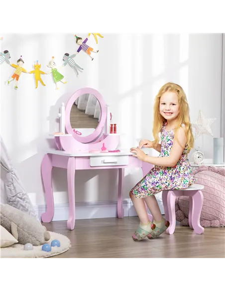 ZONEKIZ Kids Dressing Table Set, with Mirror, Stool, for Ages 3-6 Years - Pink