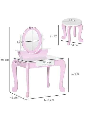 ZONEKIZ Kids Dressing Table Set, with Mirror, Stool, for Ages 3-6 Years - Pink