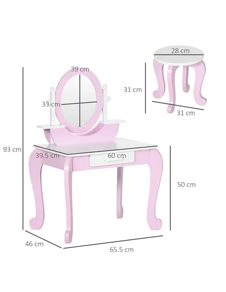 ZONEKIZ Kids Dressing Table Set, with Mirror, Stool, for Ages 3-6 Years - Pink