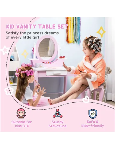 ZONEKIZ Kids Dressing Table Set, with Mirror, Stool, for Ages 3-6 Years - Pink