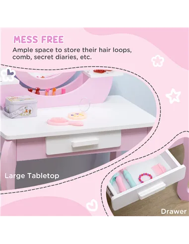 ZONEKIZ Kids Dressing Table Set, with Mirror, Stool, for Ages 3-6 Years - Pink