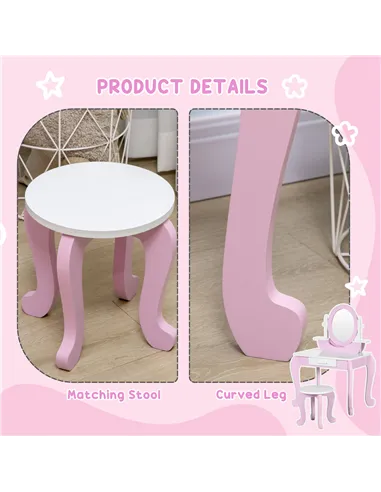 ZONEKIZ Kids Dressing Table Set, with Mirror, Stool, for Ages 3-6 Years - Pink