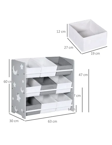 ZONEKIZ Kids Storage Rack, with Nine Removable Baskets, for Nursery, Bedroom, Playroom - Grey