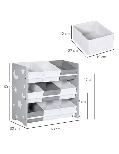 ZONEKIZ Kids Storage Rack, with Nine Removable Baskets, for Nursery, Bedroom, Playroom - Grey