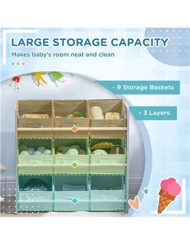 ZONEKIZ Kids Storage Rack, with Nine Removable Baskets, for Nursery, Bedroom, Playroom - Grey