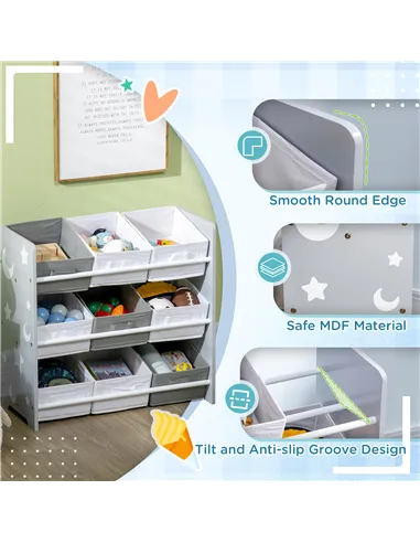 ZONEKIZ Kids Storage Rack, with Nine Removable Baskets, for Nursery, Bedroom, Playroom - Grey