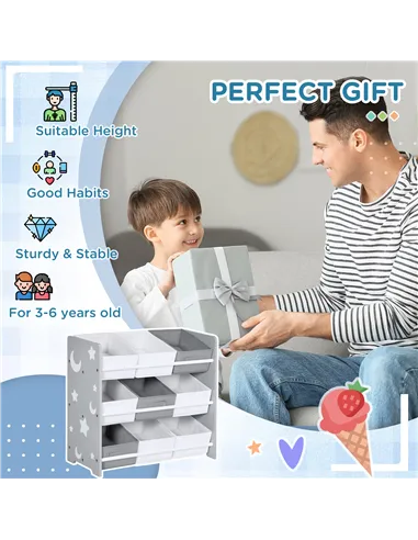ZONEKIZ Kids Storage Rack, with Nine Removable Baskets, for Nursery, Bedroom, Playroom - Grey