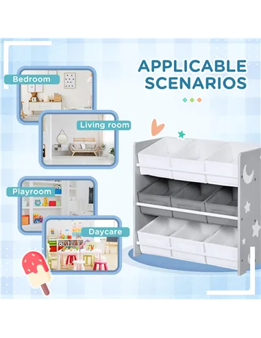 ZONEKIZ Kids Storage Rack, with Nine Removable Baskets, for Nursery, Bedroom, Playroom - Grey