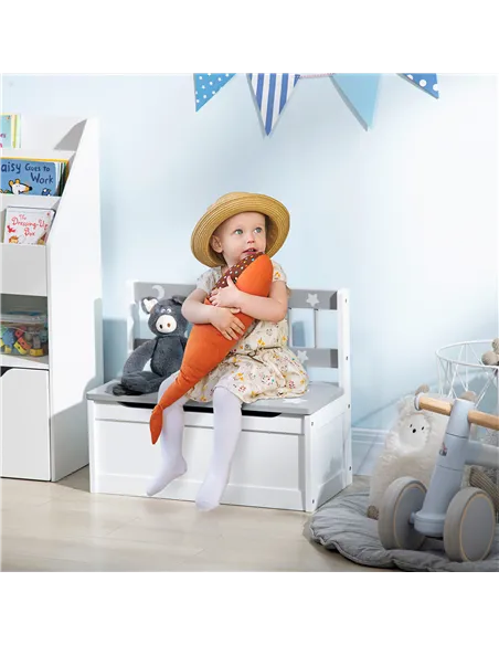 ZONEKIZ 2 In 1 Kids Storage Bench, Toy Box w/ Safety Rod - Grey