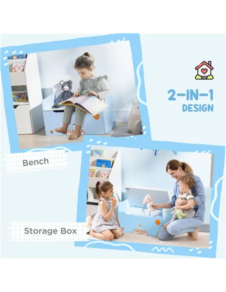 ZONEKIZ 2 In 1 Kids Storage Bench, Toy Box w/ Safety Rod - Blue