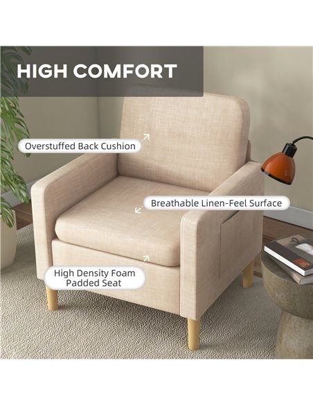 HOMCOM Modern Accent Chair, Comfy Fireside Chair, Upholstered Armchair for Living Room, Bedroom, Home Office, Beige
