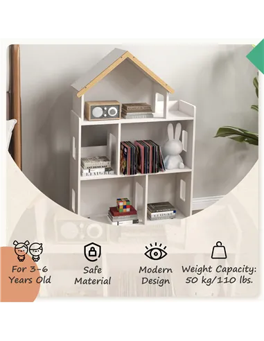 ZONEKIZ Three-Tier Toy Storage Shelf, Kids Bookcase, with Six Cubes, for Playroom, Bedroom - White