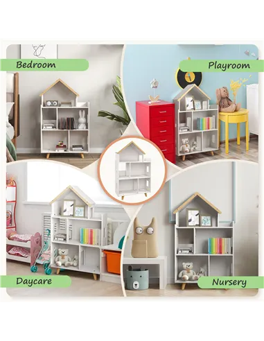 ZONEKIZ Three-Tier Toy Storage Shelf, Kids Bookcase, with Six Cubes, for Playroom, Bedroom - White