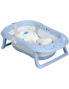 ZONEKIZ Foldable Baby Bathtub, with Non-Slip Support Legs, Cushion Pad, Shower Holder - Blue