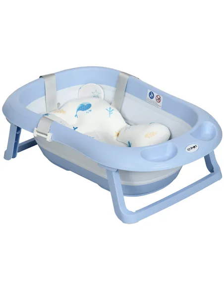 ZONEKIZ Foldable Baby Bathtub, with Non-Slip Support Legs, Cushion Pad, Shower Holder - Blue