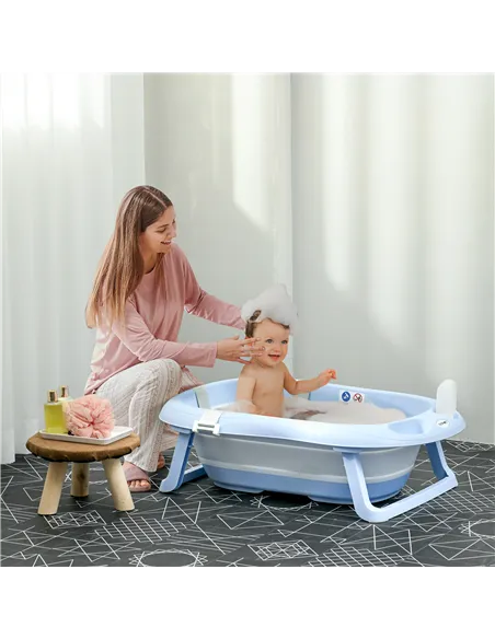 ZONEKIZ Foldable Baby Bathtub, with Non-Slip Support Legs, Cushion Pad, Shower Holder - Blue