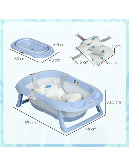 ZONEKIZ Foldable Baby Bathtub, with Non-Slip Support Legs, Cushion Pad, Shower Holder - Blue