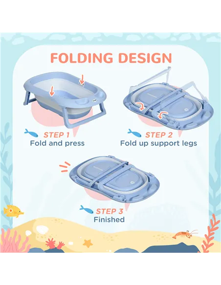 ZONEKIZ Foldable Baby Bathtub, with Non-Slip Support Legs, Cushion Pad, Shower Holder - Blue