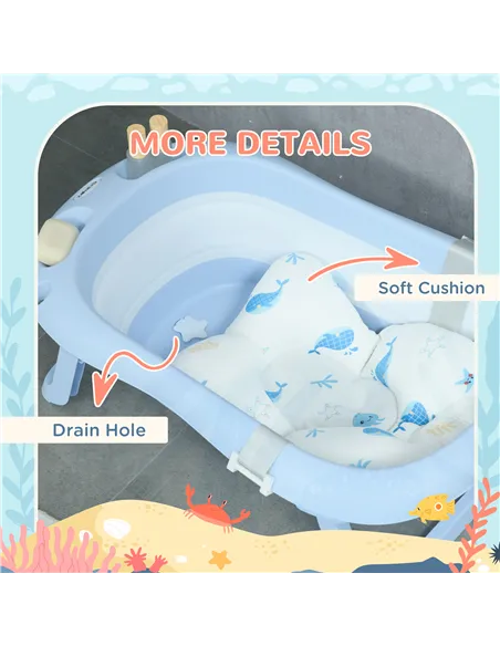 ZONEKIZ Foldable Baby Bathtub, with Non-Slip Support Legs, Cushion Pad, Shower Holder - Blue