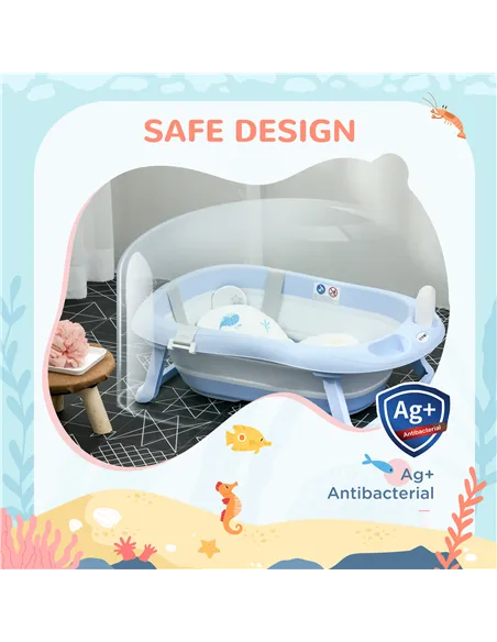 ZONEKIZ Foldable Baby Bathtub, with Non-Slip Support Legs, Cushion Pad, Shower Holder - Blue