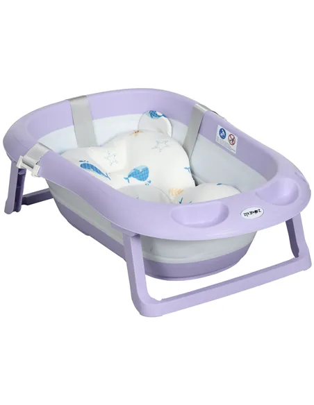 ZONEKIZ Foldable Baby Bathtub, with Non-Slip Support Legs, Cushion Pad, Shower Holder - Purple