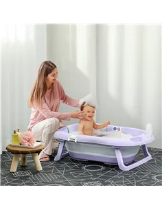 ZONEKIZ Foldable Baby Bathtub, with Non-Slip Support Legs, Cushion Pad, Shower Holder - Purple 2
