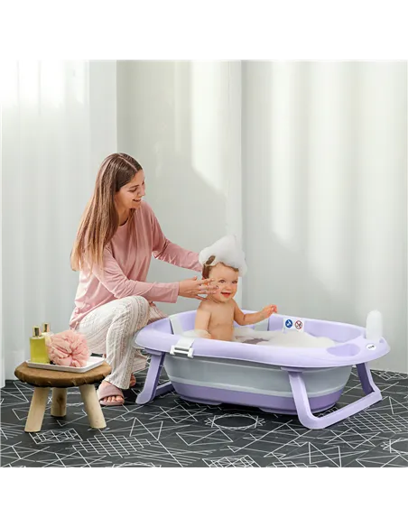ZONEKIZ Foldable Baby Bathtub, with Non-Slip Support Legs, Cushion Pad, Shower Holder - Purple