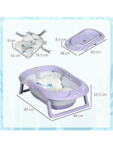 ZONEKIZ Foldable Baby Bathtub, with Non-Slip Support Legs, Cushion Pad, Shower Holder - Purple