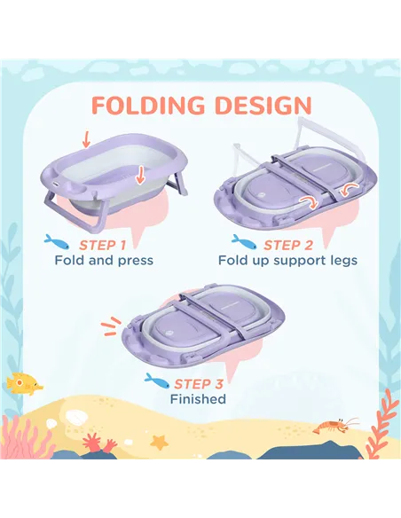 ZONEKIZ Foldable Baby Bathtub, with Non-Slip Support Legs, Cushion Pad, Shower Holder - Purple