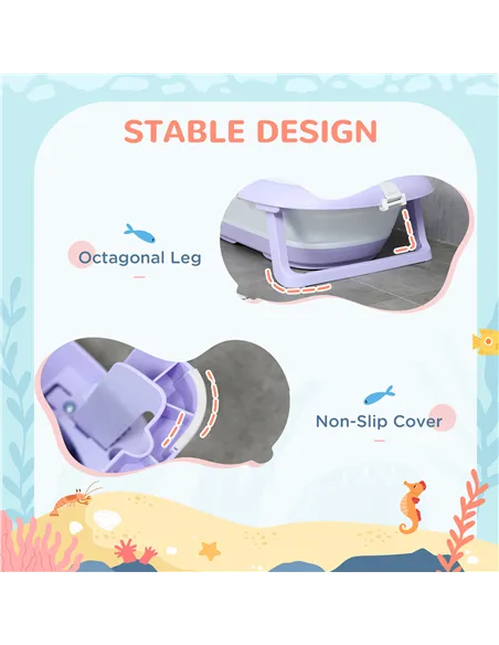 ZONEKIZ Foldable Baby Bathtub, with Non-Slip Support Legs, Cushion Pad, Shower Holder - Purple