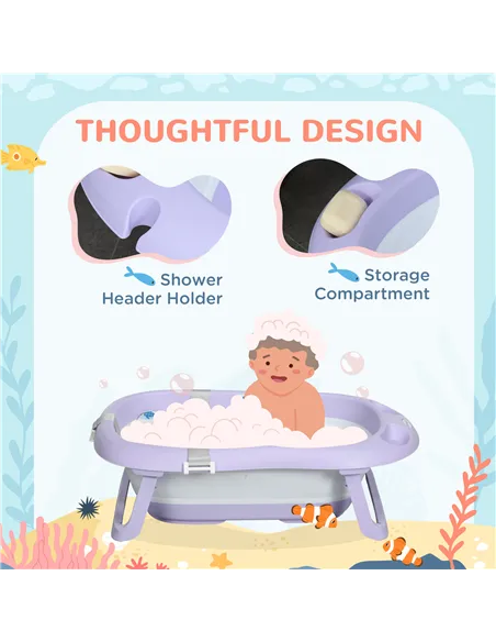 ZONEKIZ Foldable Baby Bathtub, with Non-Slip Support Legs, Cushion Pad, Shower Holder - Purple