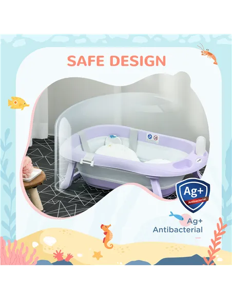 ZONEKIZ Foldable Baby Bathtub, with Non-Slip Support Legs, Cushion Pad, Shower Holder - Purple